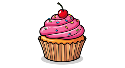 A cartoon cupcake with pink frosting and a cherry on top against a black background is centered on transparent background