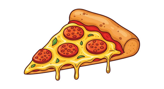 A cartoon illustration of a pizza slice with pepperoni and cheese on a black background isolated image on transparent background