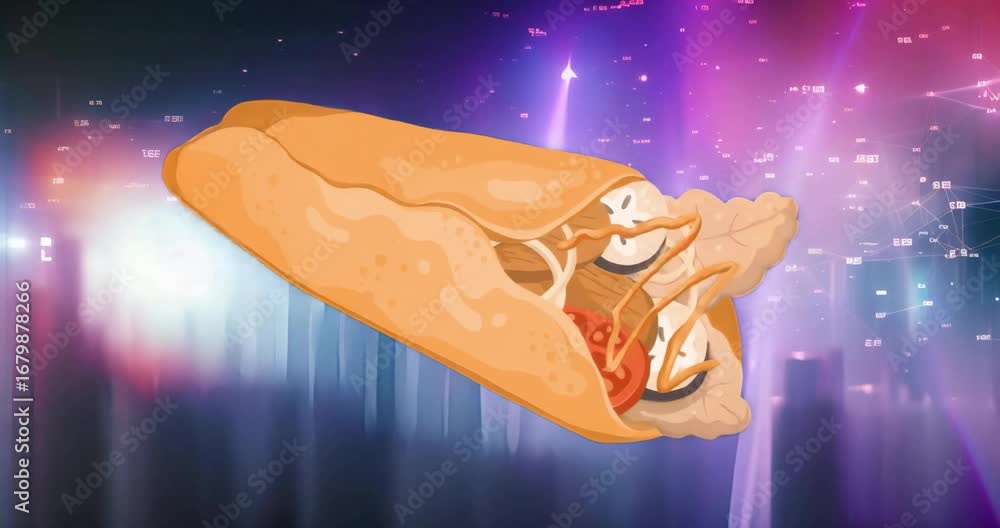 Aufkleber floating onto neon-lit data stage, gyro wrap rotating slowly while showcasing layered filling