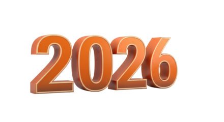 The year two thousand and twenty six displayed in orange with a black background in a three d render on transparent background