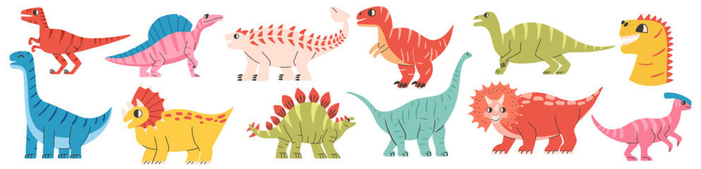Cute dinosaur colorful cartoon set. Various dino characters. A variety of prehistoric creatures for posters, print, kids clothes, invitation. 