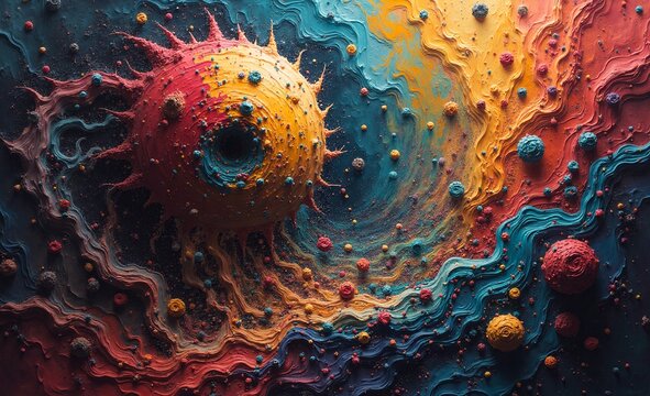 A vibrant, abstract digital art piece with swirling textures and organic forms, showcasing a colorful, dynamic cosmic or microbial landscape.