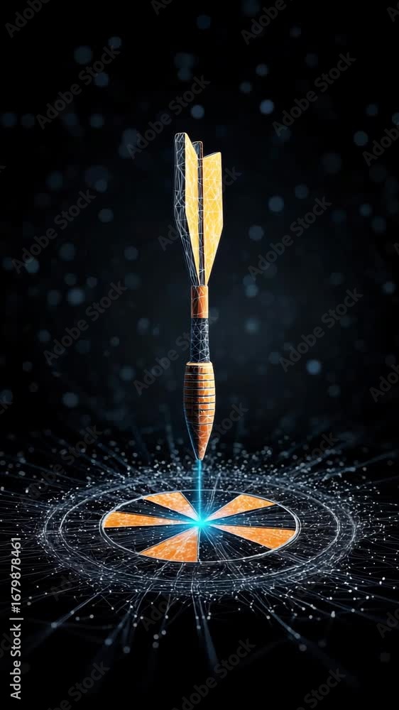 Poster dart flying toward target in futuristic digital setting with glowing elements and particle effects