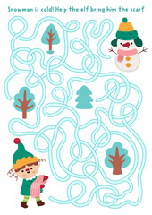 Christmas village maze for children with cute elf bringing scarf to snowman. Funny simple labyrinth game with traditional characters, snowy trees. Winter holiday printable activity, worksheet