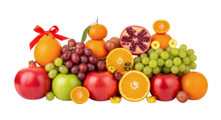 A vibrant display of fresh fruits including oranges grapes apples and pomegranates against a black background on transparent background