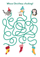Naklejka premium Christmas village maze for children with cute animals and stockings. Funny labyrinth game with tangled string with gift socks, penguin, goose, cat. Winter holiday printable activity, worksheet