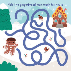 Christmas village maze for children with gingerbread man searching his house. Funny labyrinth game with traditional cookie and his home. Winter holiday printable activity, worksheet