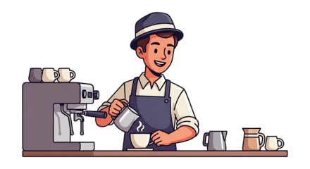 A cartoon barista in a hat pouring milk into a cup of coffee next to an espresso machine and pitchers on transparent background
