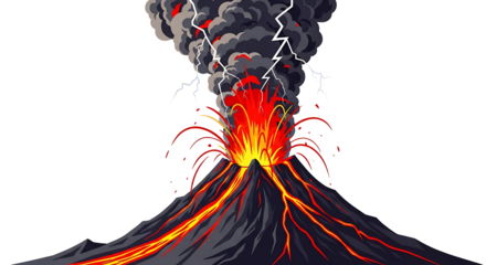 A cartoon volcano erupting with lava and smoke with lightning on a black isolated background on transparent background