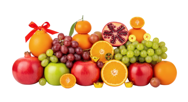 A vibrant display of fresh fruits including oranges grapes apples and pomegranates against a black background on transparent background