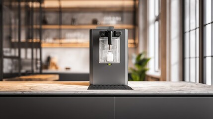 Medium framed image of a unique sensorbased automated dispenser integrated into a counter system main unit in crisp detail surroundings intentionally blurred.