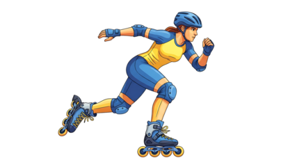 A woman roller skating with a blue helmet and pads on a black background in a cartoon style image on transparent background