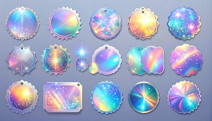 Colorful iridescent decorative tags with various shapes and designs, showcasing a vibrant spectrum of colors.