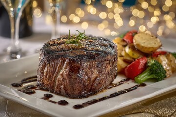 Grilled filet mignon, roasted vegetables, elegant, celebratory dinner.