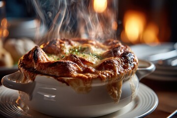 Cozy, steaming French onion soup with melted golden cheese, ultimate comfort food.