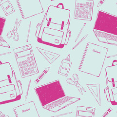 Patrón sin costuras de útiles escolares. Fondo de vuelta a clase. Ilustración minimalista rosa y celeste. Estampa dibujada a mano. 