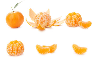 Mandarin orange peeling stages isolated on white background