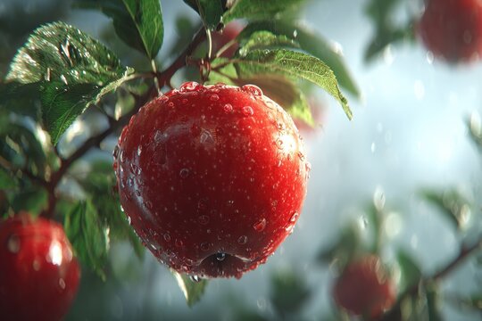 Vibrant red apple glistening with fresh water droplets on a tree branch after rain.