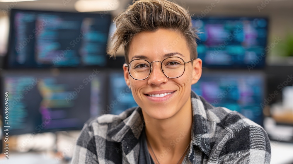 Poster a smiling individual in a checkered shirt poses in an office with computer screens displaying code i