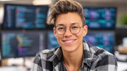 A smiling individual in a checkered shirt poses in an office with computer screens displaying code in the background.