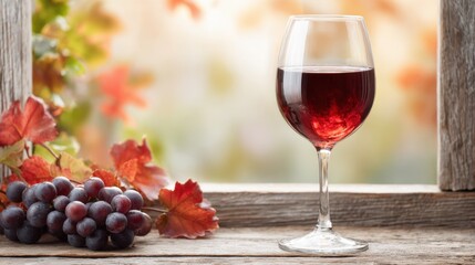 A glass of red wine sits elegantly beside fresh grapes and autumn leaves, framed by a rustic window, evoking warmth and seasonal charm.