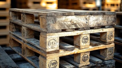 Wooden pallets stacked in storage area during the afternoon light at a busy warehouse facility