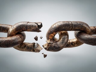 Obraz premium A rusted metal chain link, fractured and broken apart, against a neutral backdrop, showcases a powerful image of liberation.
