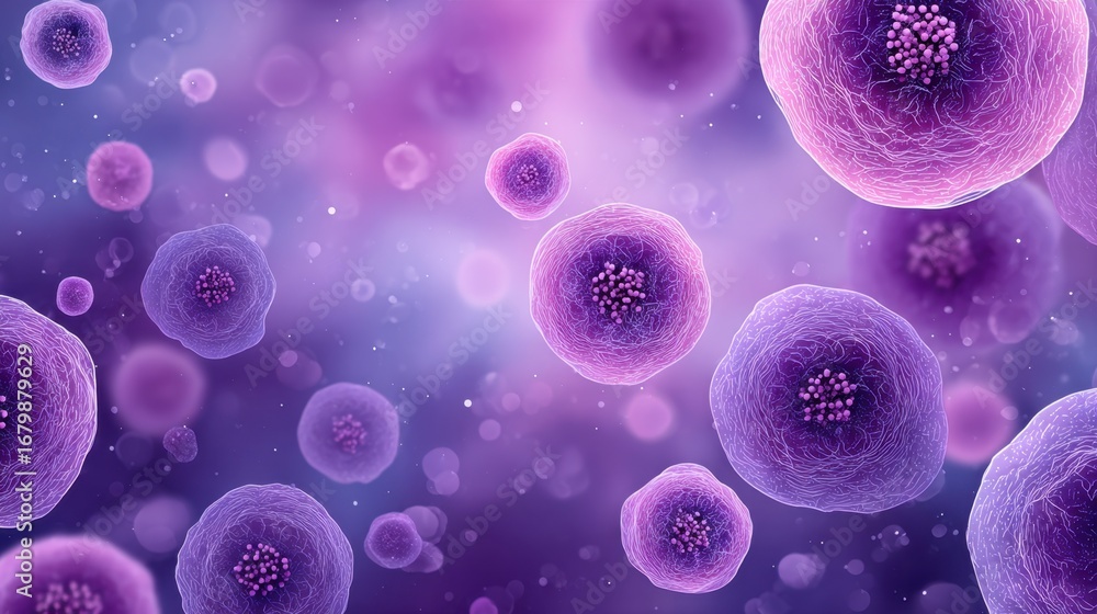 Poster a vibrant microscopic view of purple cells floating in a soft gradient background, showcasing the in