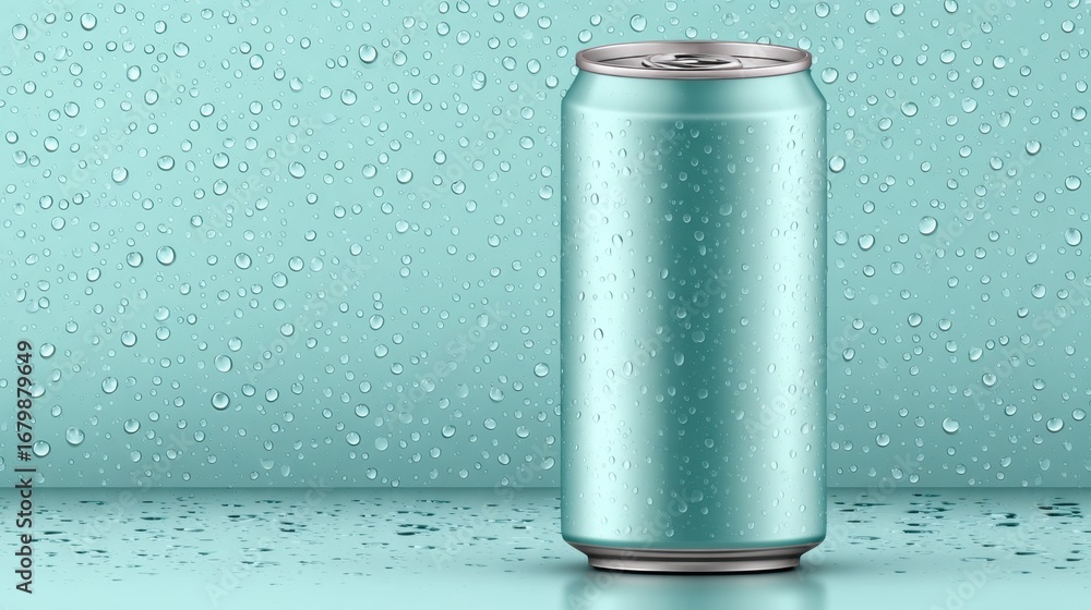 Poster a metallic teal can is placed on a wet surface, adorned with droplets, against a matching background