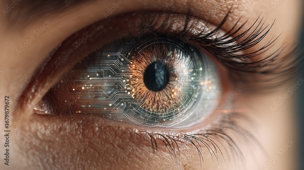 Poster a close-up of an eye featuring a digital circuit pattern, symbolizing the intersection of technology