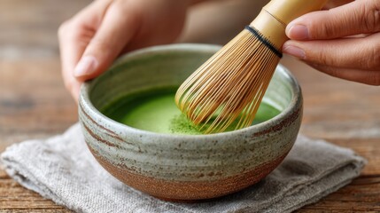 A serene scene of a hand whisking matcha green tea in a rustic bowl, showcasing traditional tea preparation.