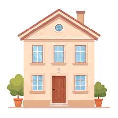 A two-story beige home with a brown door and several windows, depicted in a simple, flat style.