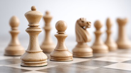A close-up view of wooden chess pieces arranged on a chessboard, showcasing a king, pawns, and a knight in a strategic setup.