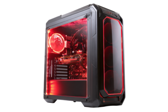 Red-Lit Gaming Desktop PC Tower on Transparent Background