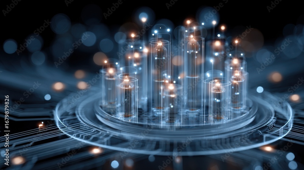 Poster a digital abstract image featuring glowing pillars and circuits, representing advanced technology an