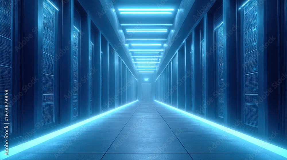 Poster a futuristic corridor illuminated by blue lights, lined with server racks, creating a high-tech and 