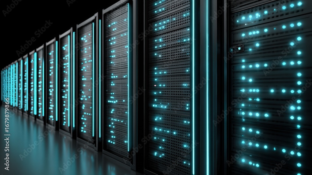 Poster a row of sleek servers with glowing blue lights, set against a dark background, representing advance