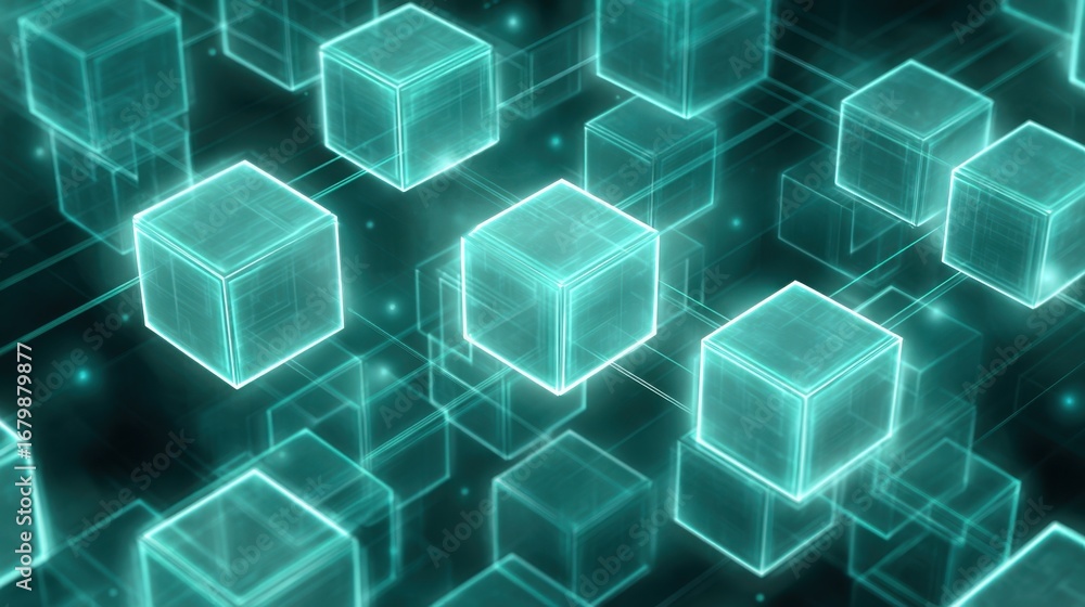 Poster a digital representation of interconnected translucent cubes, symbolizing technology, innovation, an