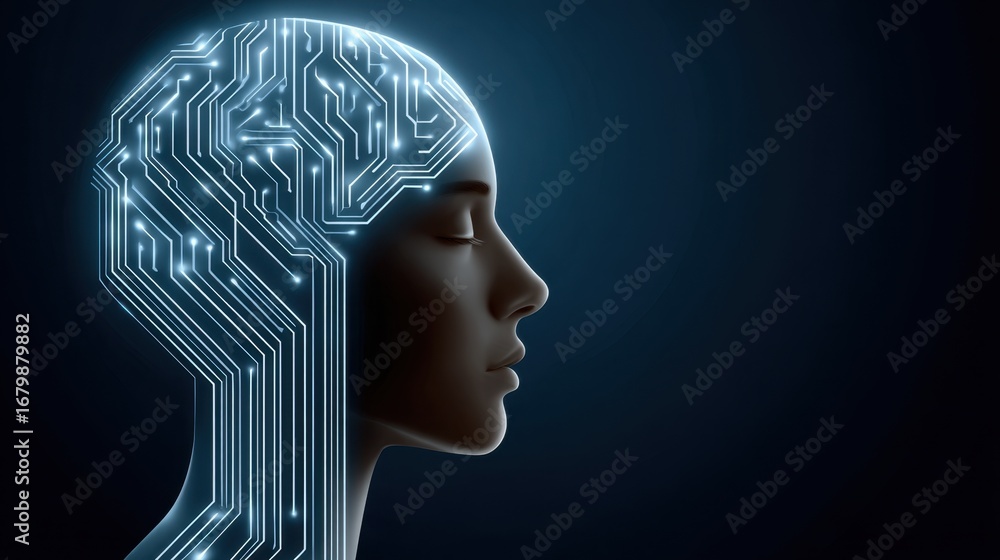 Poster a futuristic silhouette of a human head with intricate circuit patterns, symbolizing the intersectio