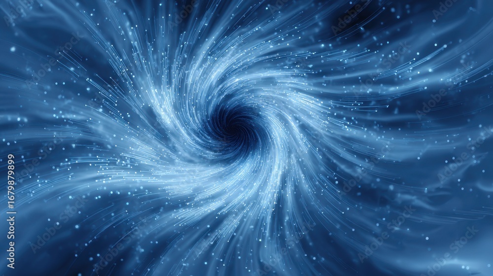 Poster a swirling blue vortex with glowing particles, creating a sense of depth and movement, evokes a cosm