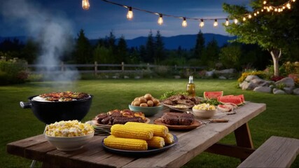 Sizzling barbecue grilling on wooden table, soft string lights illuminating cozy backyard gathering with warm summer evening ambiance