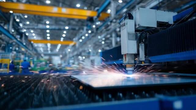 Watch an industrial laser cutter expertly slice through a thick alloy sheet, with sparks lighting up the machinery and a worker framed by beams and conveyor belts.