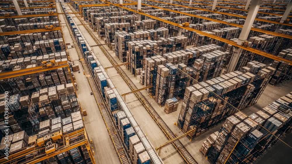 Poster overhead drone view showcasing asrs crane rails running parallel through a large highbay warehouse d