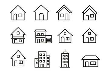 Fototapeta premium Home and building outline icon set. Real estate, architecture, and construction line icons. Vector symbols for property, residential house, apartment, and city buildings.