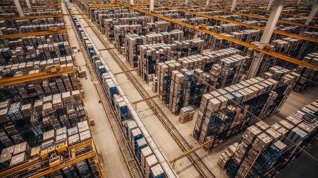 Overhead drone view showcasing ASRS crane rails running parallel through a large highbay warehouse densely packed with inventory.