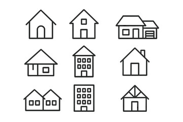 Home and building outline icon set. Real estate, architecture, and construction line art symbols. Residential property and housing vector pictograms for web and mobile UI design.