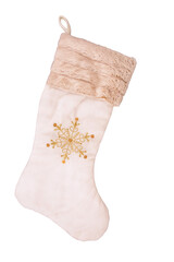 Elegant cream Christmas stocking with gold embroidered snowflake and plush faux fur cuff, isolated on white. Perfect for holiday decor, festive promotions, or seasonal product catalogs.