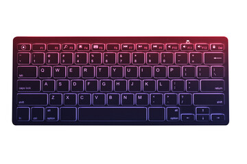Modern wireless backlit keyboard glowing in red and purple hues on white background. Stylish tech accessory for digital workspaces, ideal for tech ads or blogs.