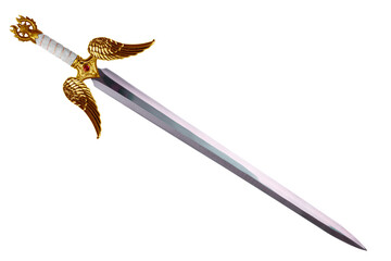 Fantasy sword disposed by diagonal, isolated on white background. Cut out.