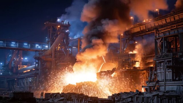 Experience the intense spectacle of molten metal casting in a sprawling metallurgical plant, illuminated by fiery sparks and towering furnaces.